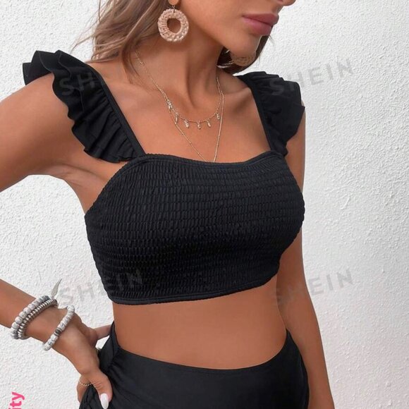 NEW SHEIN Ruffle Strap Wrap Bikini Black TOP only - XL (12) - Picture 2 of 6